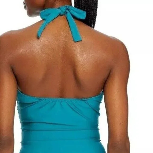 Birdsong Size 34G Teal Blue Ruffle Halter Underwire Tankini Swim Top Ruched - Picture 6 of 11